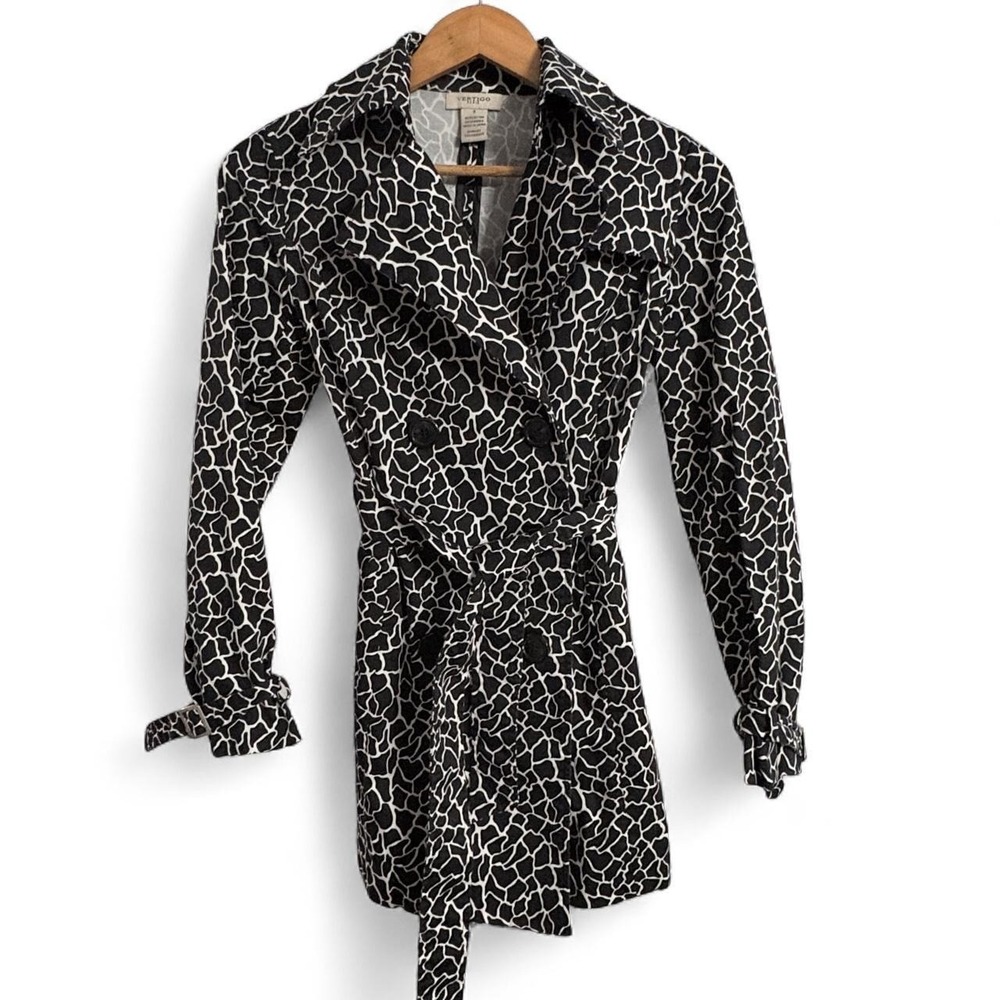 Vertigo Paris Trench Coat Womens S Black White Giraffe Print Mob Wife Indie Slea